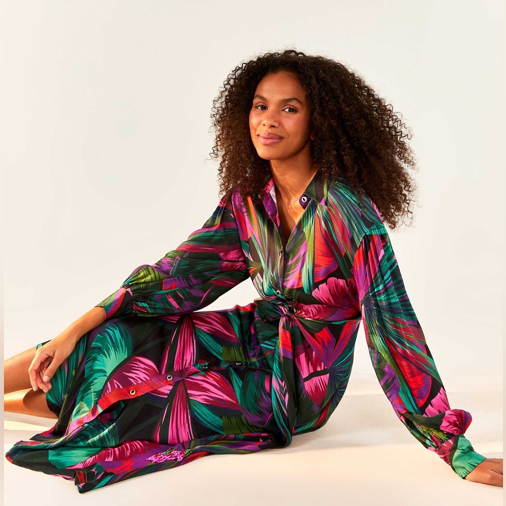 FARM Rio Midnight Leaves Lenzing™ Ecovero™ Viscose Midi Dress Medium NWT!